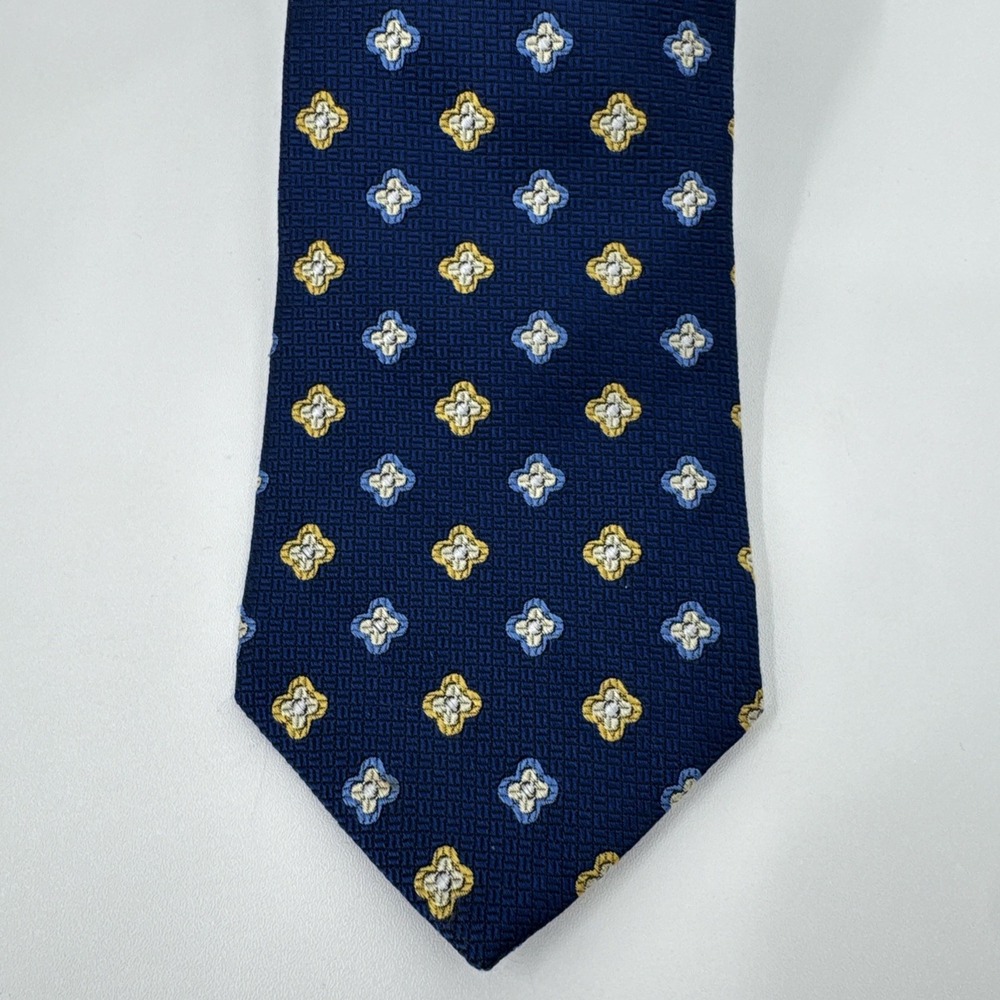 346 Brooks‎ Brothers Pure Silk Tie Blue Gold Geometric USA Classic Preppy